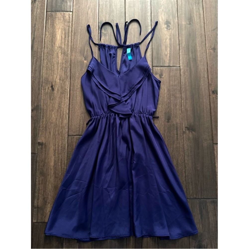 Buttons Deep Blue Strappy Sleeve Ruffle Dress